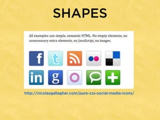 SHAPES




http://nicolasgallagher.com/pure-css-social-media-icons/
 