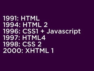 1991: HTML
1994: HTML 2
1996: CSS1 + Javascript
1997: HTML4
1998: CSS 2
2000: XHTML 1
 