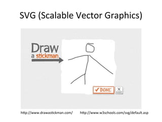SVG((Scalable(Vector(Graphics)




h*p://www.drawasCckman.com/   h*p://www.w3schools.com/svg/default.asp
 
