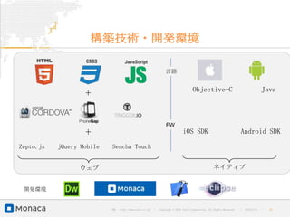 構築技術・開発環境

                                                                   言語


                                                                                      Objective-C                                       Java
                   +

                                                                   FW
                   +                                                           iOS SDK                                  Android SDK

Zepto.js   jQuery Mobile   Sencha Touch


                 ウェブ                                                                                 ネイティブ


 開発環境


                           URL : http://www.asial.co.jp/   │ Copyright © 2013 Asial Corporation. All Rights Reserved.   │   2013/2/15   ｜   20
 