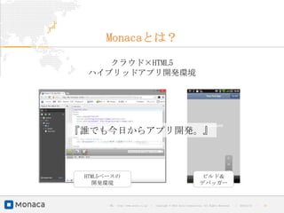Monacaとは？

    クラウド×HTML5
 ハイブリッドアプリ開発環境




『誰でも今日からアプリ開発。』



 HTML5ベースの                                                                ビルド＆
   開発環境                                                                   デバッガー


       URL : http://www.asial.co.jp/   │ Copyright © 2013 Asial Corporation. All Rights Reserved.   │   2013/2/15   ｜   24
 