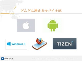 どんどん増えるモバイルOS




   URL : http://www.asial.co.jp/   │ Copyright © 2013 Asial Corporation. All Rights Reserved.   │   2013/2/15   ｜   7
 