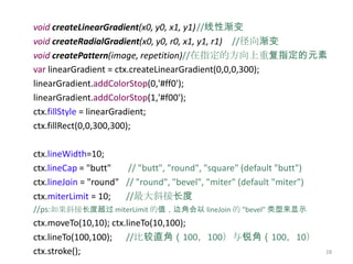 void createLinearGradient(x0, y0, x1, y1) //线性渐变
void createRadialGradient(x0, y0, r0, x1, y1, r1) //径向渐变
void createPattern(image, repetition)//在指定的方向上重复指定的元素
var linearGradient = ctx.createLinearGradient(0,0,0,300);
linearGradient.addColorStop(0,'#ff0');
linearGradient.addColorStop(1,'#f00');
ctx.fillStyle = linearGradient;
ctx.fillRect(0,0,300,300);

ctx.lineWidth=10;
ctx.lineCap = "butt"    // "butt", "round", "square" (default "butt")
ctx.lineJoin = "round" // "round", "bevel", "miter" (default "miter")
ctx.miterLimit = 10;   //最大斜接长度
//ps:如果斜接长度超过 miterLimit 的值，边角会以 lineJoin 的 "bevel" 类型来显示
ctx.moveTo(10,10); ctx.lineTo(10,100);
ctx.lineTo(100,100); //比较直角（100，100）与锐角（100，10）
ctx.stroke();                                                           28
 