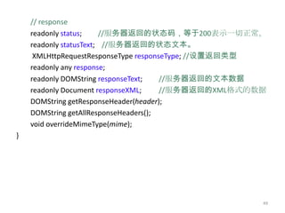 // response
    readonly status;    //服务器返回的状态码，等于200表示一切正常。
    readonly statusText; //服务器返回的状态文本。
     XMLHttpRequestResponseType responseType; //设置返回类型
    readonly any response;
    readonly DOMString responseText;   //服务器返回的文本数据
    readonly Document responseXML;     //服务器返回的XML格式的数据
    DOMString getResponseHeader(header);
    DOMString getAllResponseHeaders();
    void overrideMimeType(mime);
}




                                                      49
 