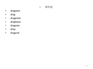•   事件流
•   dragstart
•   drag
•   dragenter
•   dragleave
•   dragover
•   drop
•   dragend




                          54
 