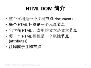 HTML DOM 简介
• 整个文档是一个文档节点(document)
• 每个 HTML 标签是一个元素节点
• 包含在 HTML 元素中的文本是文本节点
• 每一个 HTML 属性是一个属性节点
  (attributes)
• 注释属于注释节点



http://www.w3school.com.cn/htmldom/dom_nodes.asp   7
 