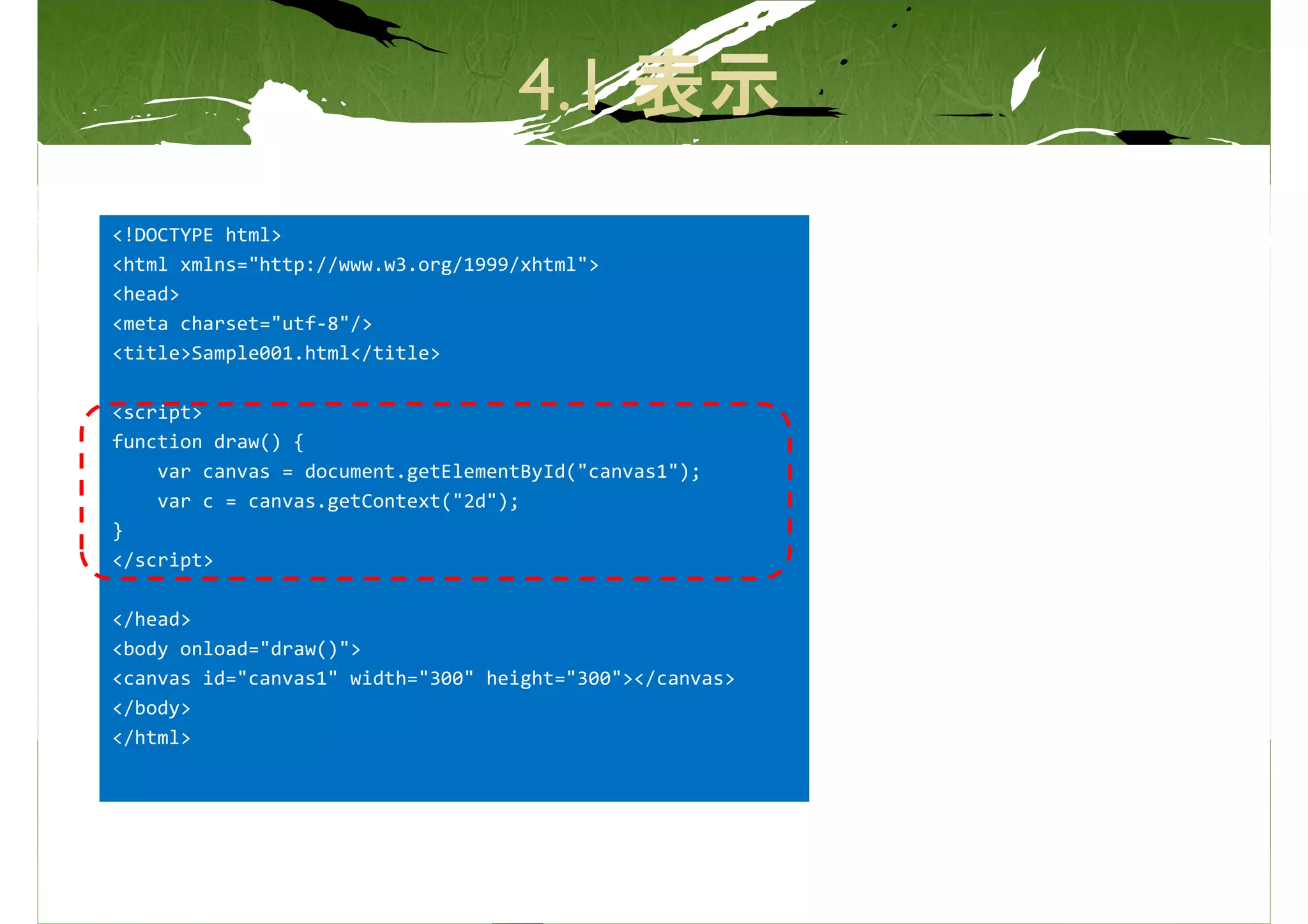 <!DOCTYPE html>
<html xmlns="http://www.w3.org/1999/xhtml">
<head>
<meta charset="utf-8"/>
<title>Sample001.html</title>

<script>
function draw() {
    var canvas = document.getElementById("canvas1");
    var c = canvas.getContext("2d");
}
</script>

</head>
<body onload="draw()">
<canvas id="canvas1" width="300" height="300"></canvas>
</body>
</html>
 
