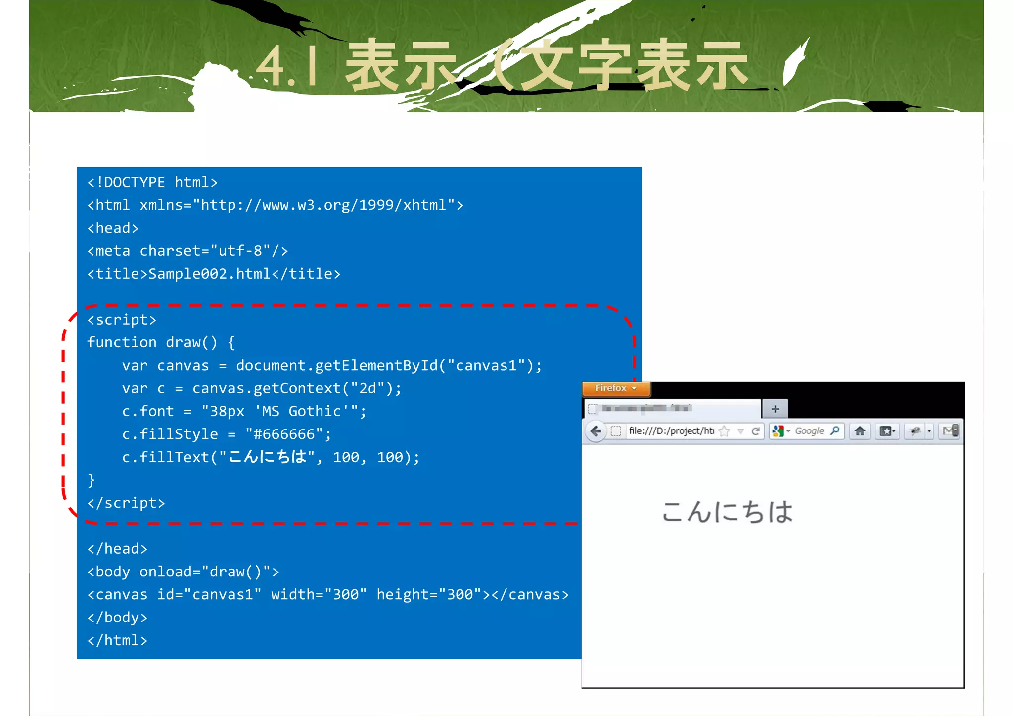 <!DOCTYPE html>
<html xmlns="http://www.w3.org/1999/xhtml">
<head>
<meta charset="utf-8"/>
<title>Sample002.html</title>

<script>
function draw() {
    var canvas = document.getElementById("canvas1");
    var c = canvas.getContext("2d");
    c.font = "38px 'MS Gothic'";
    c.fillStyle = "#666666";
    c.fillText("こんにちは", 100, 100);
}
</script>

</head>
<body onload="draw()">
<canvas id="canvas1" width="300" height="300"></canvas>
</body>
</html>
 