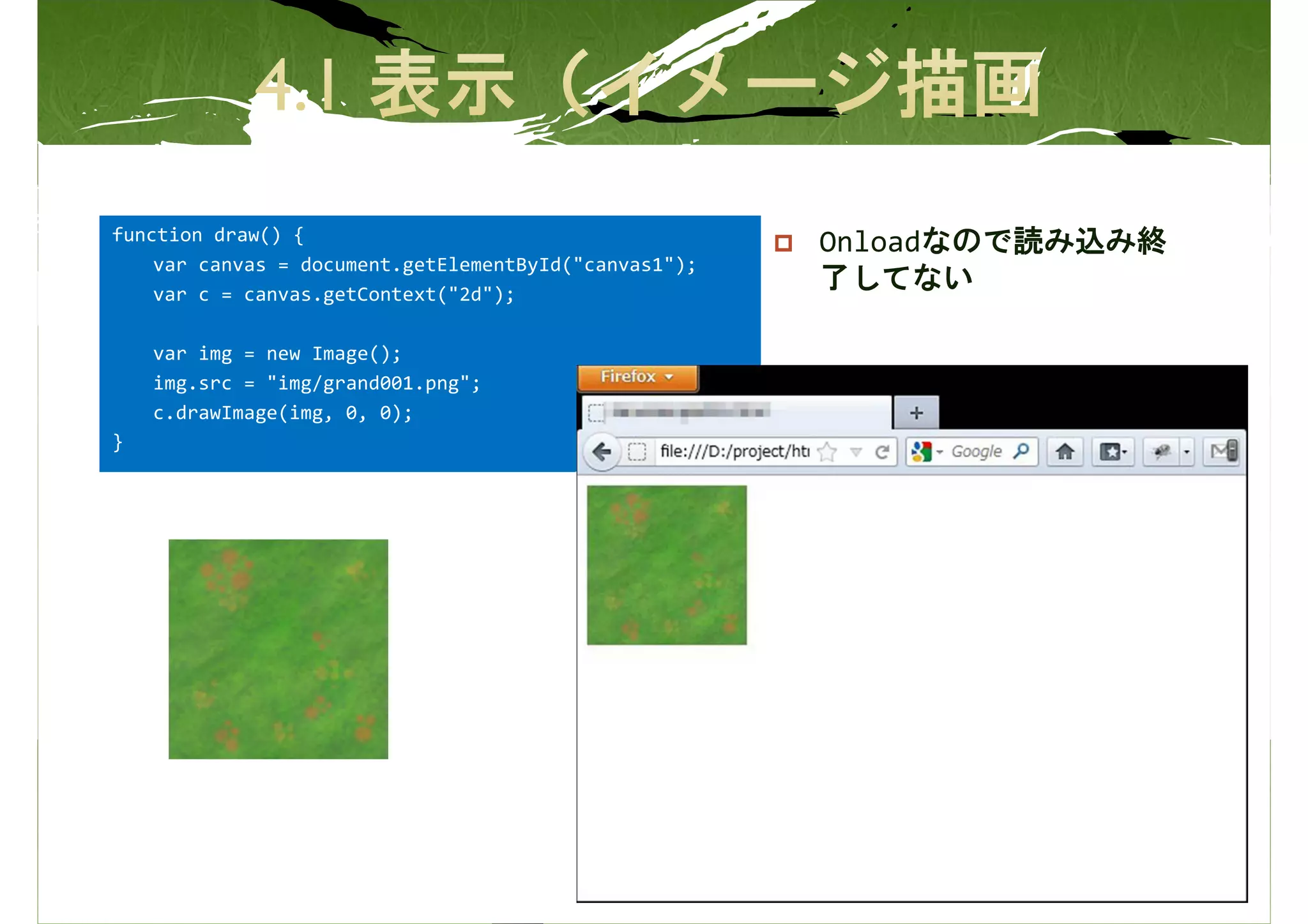 function draw() {
                                                       Onloadなので読み込み終
    var canvas = document.getElementById("canvas1");
    var c = canvas.getContext("2d");
                                                       了してない

    var img = new Image();
    img.src = "img/grand001.png";
    c.drawImage(img, 0, 0);
}
 
