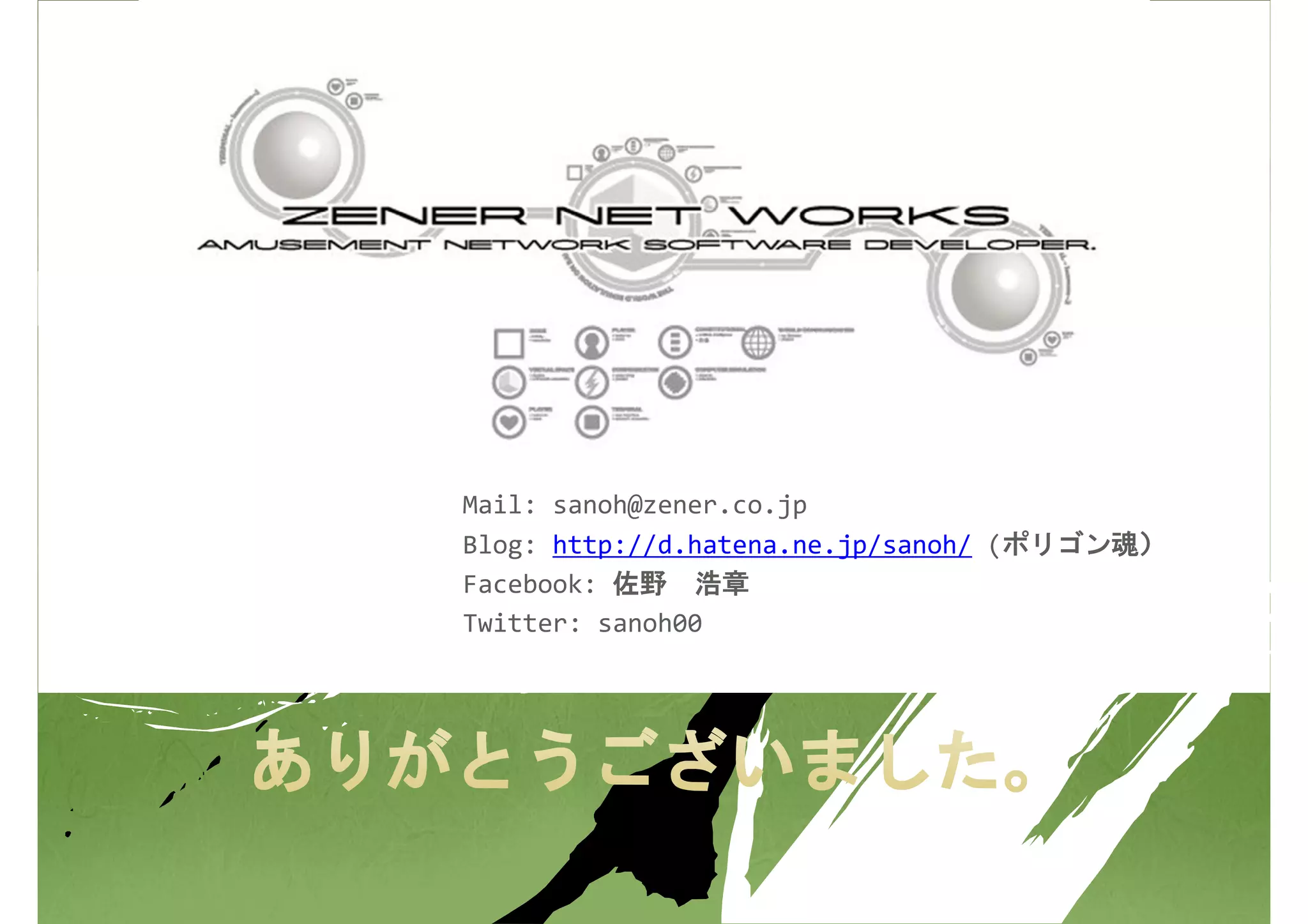 Mail: sanoh@zener.co.jp
Blog: http://d.hatena.ne.jp/sanoh/ (ポリゴン魂）
Facebook: 佐野 浩章
Twitter: sanoh00
 