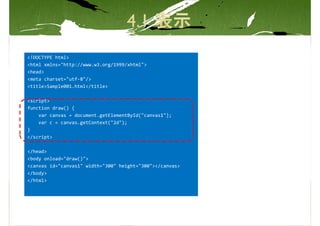 <!DOCTYPE html>
<html xmlns="http://www.w3.org/1999/xhtml">
<head>
<meta charset="utf-8"/>
<title>Sample001.html</title>

<script>
function draw() {
    var canvas = document.getElementById("canvas1");
    var c = canvas.getContext("2d");
}
</script>

</head>
<body onload="draw()">
<canvas id="canvas1" width="300" height="300"></canvas>
</body>
</html>
 