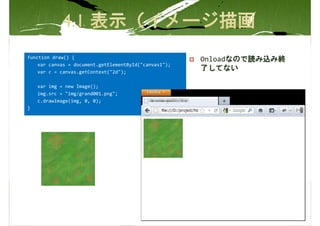 function draw() {
                                                       Onloadなので読み込み終
    var canvas = document.getElementById("canvas1");
    var c = canvas.getContext("2d");
                                                       了してない

    var img = new Image();
    img.src = "img/grand001.png";
    c.drawImage(img, 0, 0);
}
 