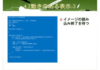 <script>//<![CDATA[

var   timerInterval = 25; //25msec                         イメージの読み
var   timer1;
var   c;                                                   込み終了を待つ
var   img;

function draw() {
}

function init(){
    var canvas = document.getElementById("canvas1");
    c = canvas.getContext("2d");

      img = new Image();
      img.src = "img/grand001.png";

      img.onload = function(){
          draw();
          timer1 = setInterval("draw()", timerInterval);
      }
}

//]]></script>
 