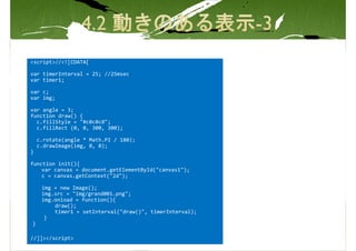 <script>//<![CDATA[

var timerInterval = 25; //25msec
var timer1;

var c;
var img;

var angle = 3;
function draw() {
  c.fillStyle = "#c0c0c0";
  c.fillRect (0, 0, 300, 300);

    c.rotate(angle * Math.PI / 180);
    c.drawImage(img, 0, 0);
}

function init(){
    var canvas = document.getElementById("canvas1");
    c = canvas.getContext("2d");

     img = new Image();
     img.src = "img/grand001.png";
     img.onload = function(){
         draw();
         timer1 = setInterval("draw()", timerInterval);
      }
}

//]]></script>
 