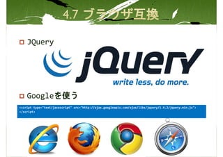 JQuery




    Googleを使う
<script type="text/javascript" src="http://ajax.googleapis.com/ajax/libs/jquery/1.4.2/jquery.min.js">
</script>
 