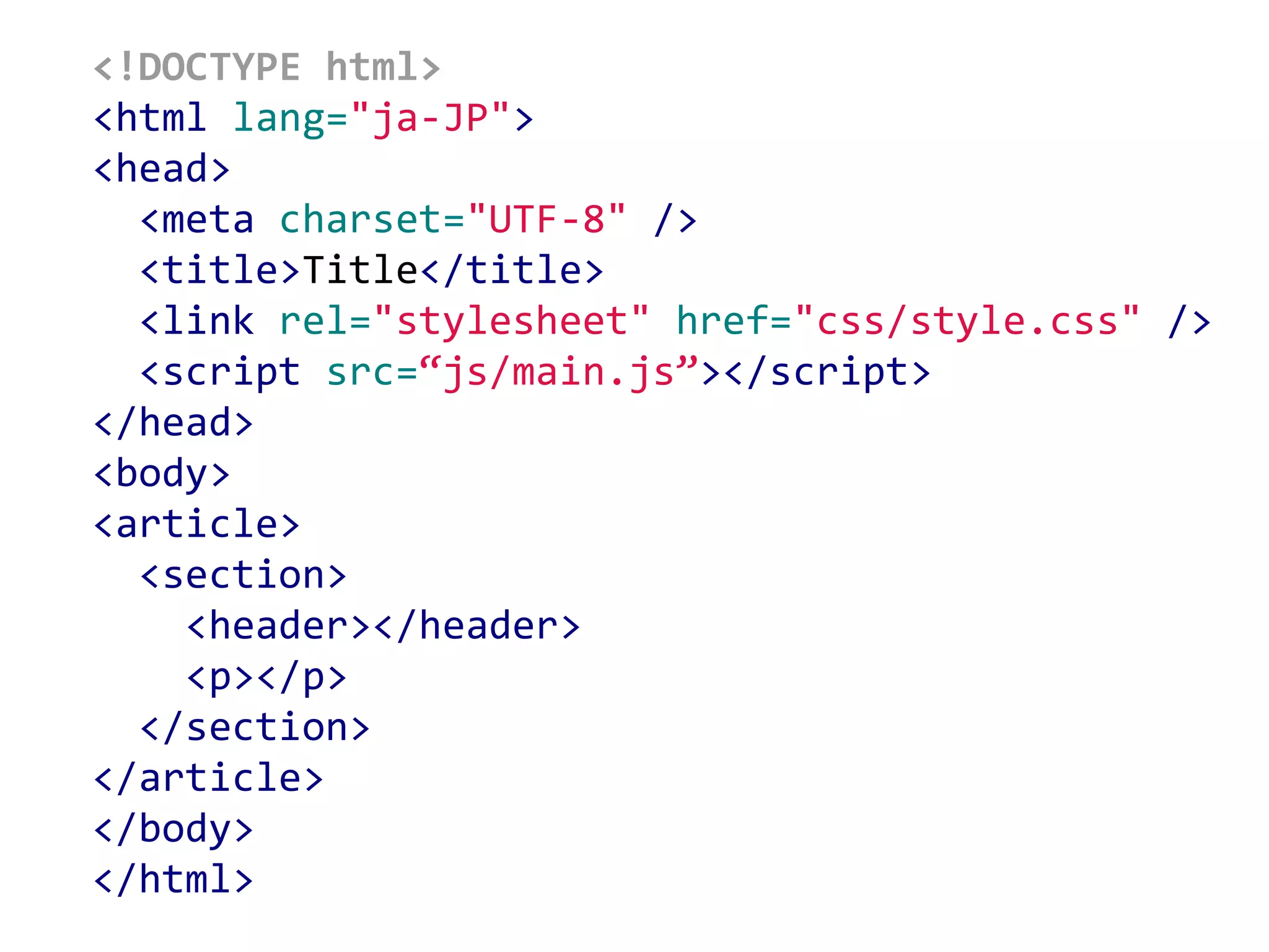 <!DOCTYPE html>
<html lang="ja-JP">
<head>
<meta charset="UTF-8" />
<title>Title</title>
<link rel="stylesheet" href="css/style.css" />
<script src=“js/main.js”></script>
</head>
<body>
<article>
<section>
<header></header>
<p></p>
</section>
</article>
</body>
</html>
 