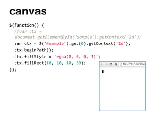 canvas
$(function() {
//var ctx =
document.getElementById('sample').getContext('2d');
var ctx = $('#sample').get(0).getContext('2d');
ctx.beginPath();
ctx.fillStyle = 'rgba(0, 0, 0, 1)';
ctx.fillRect(10, 10, 10, 20);
});
 