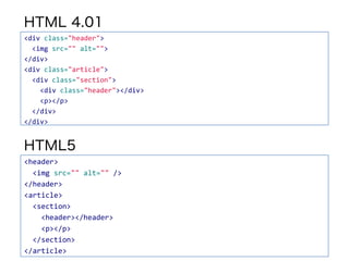 HTML 4.01
<div class="header">
<img src="" alt="">
</div>
<div class="article">
<div class="section">
<div class="header"></div>
<p></p>
</div>
</div>
HTML5
<header>
<img src="" alt="" />
</header>
<article>
<section>
<header></header>
<p></p>
</section>
</article>
 