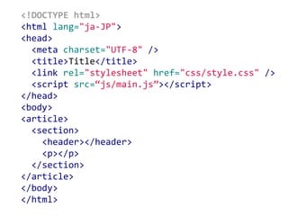 <!DOCTYPE html>
<html lang="ja-JP">
<head>
<meta charset="UTF-8" />
<title>Title</title>
<link rel="stylesheet" href="css/style.css" />
<script src=“js/main.js”></script>
</head>
<body>
<article>
<section>
<header></header>
<p></p>
</section>
</article>
</body>
</html>
 
