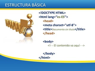 ESTRUCTURA BÁSICA
              <!DOCTYPE HTML>
              <html lang=‘’es-ES’’>
                 <head>
                 <meta charset="utf-8">
                 <title>Documento sin título</title>
                 </head>

                 <body>
                     <!- - El contenido va aquí - ->

                 </body>
              </html>
 