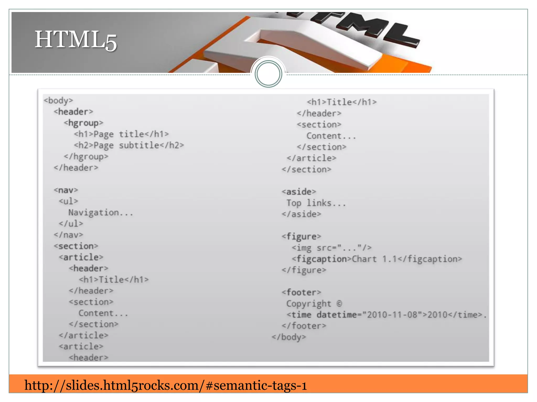 HTML5
http://slides.html5rocks.com/#semantic-tags-1
 