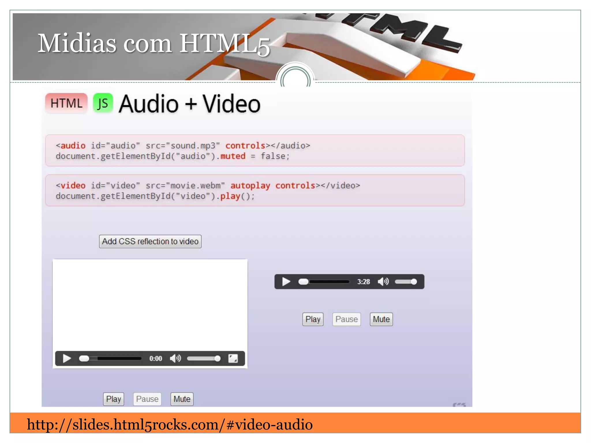 Midias com HTML5
http://slides.html5rocks.com/#video-audio
 