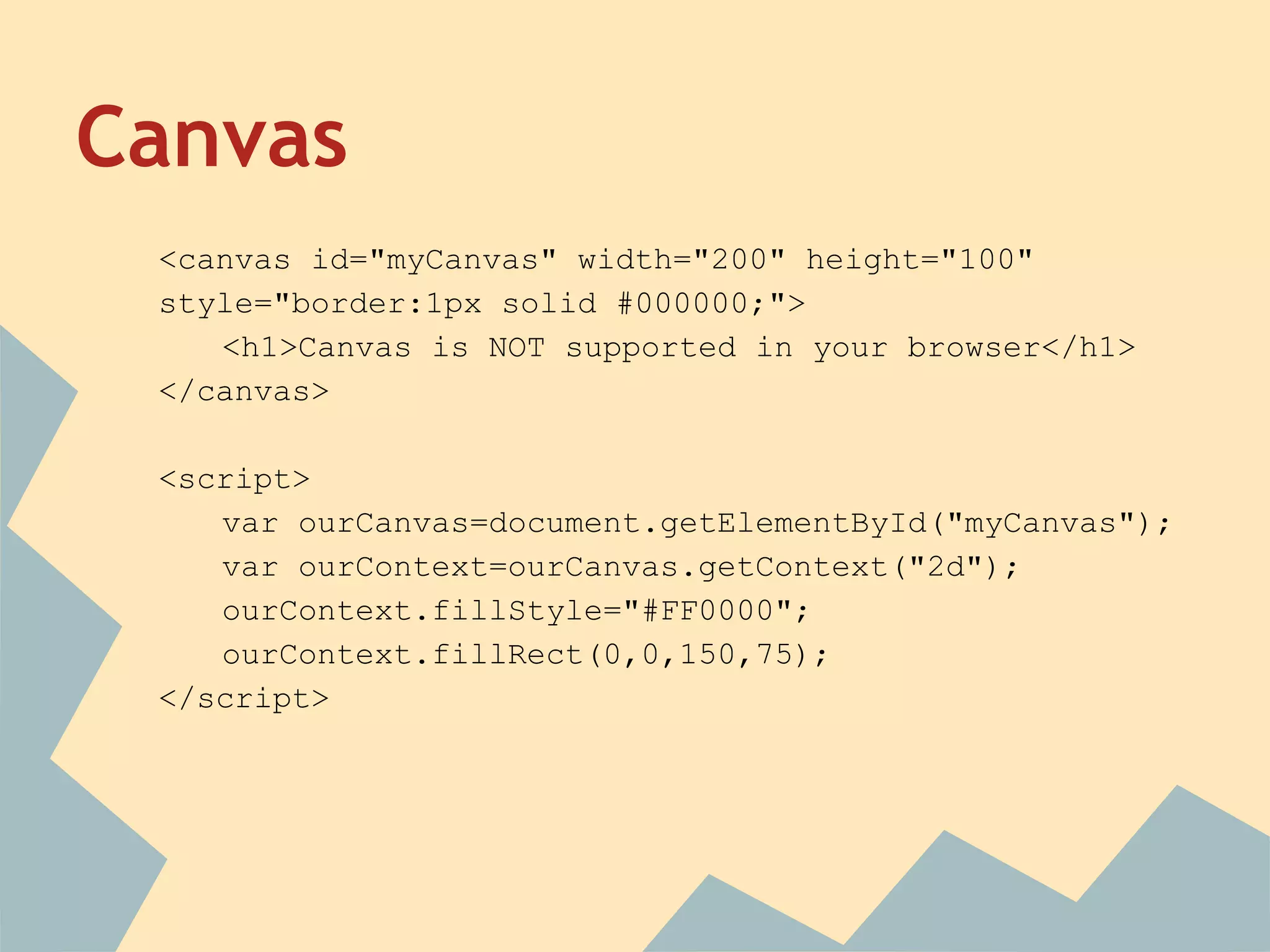 Canvas
<canvas id="myCanvas" width="200" height="100"
style="border:1px solid #000000;">
<h1>Canvas is NOT supported in your browser</h1>
</canvas>
<script>
var ourCanvas=document.getElementById("myCanvas");
var ourContext=ourCanvas.getContext("2d");
ourContext.fillStyle="#FF0000";
ourContext.fillRect(0,0,150,75);
</script>
 