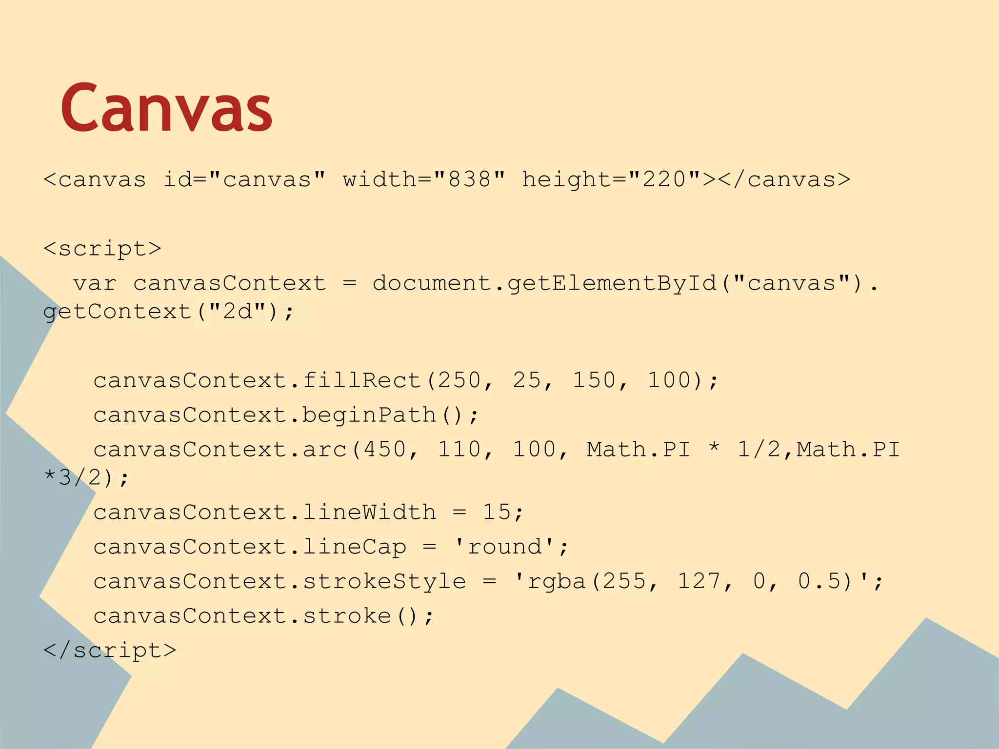 Canvas
<canvas id="canvas" width="838" height="220"></canvas>
<script>
var canvasContext = document.getElementById("canvas").
getContext("2d");
canvasContext.fillRect(250, 25, 150, 100);
canvasContext.beginPath();
canvasContext.arc(450, 110, 100, Math.PI * 1/2,Math.PI
*3/2);
canvasContext.lineWidth = 15;
canvasContext.lineCap = 'round';
canvasContext.strokeStyle = 'rgba(255, 127, 0, 0.5)';
canvasContext.stroke();
</script>
 