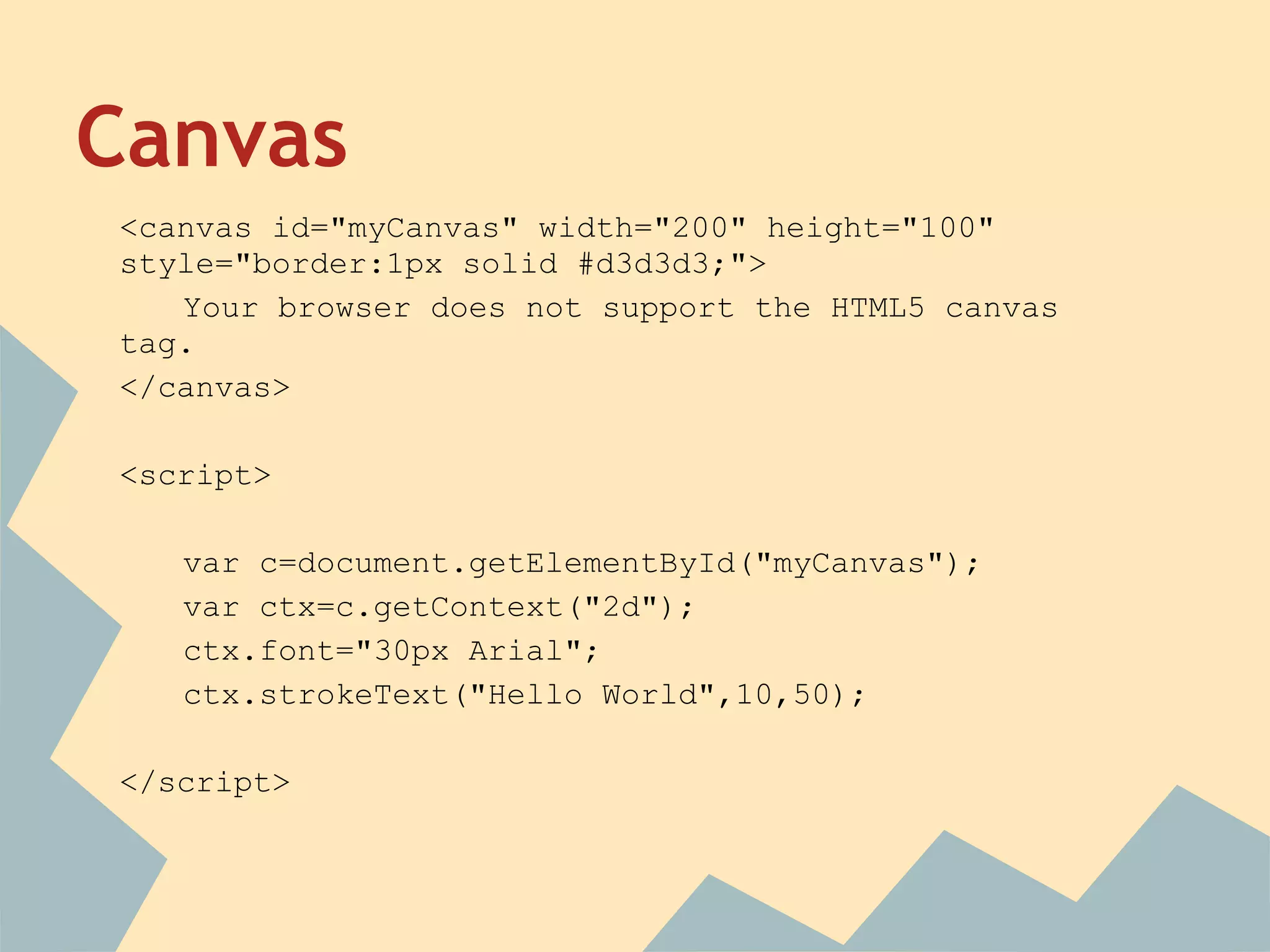 Canvas
<canvas id="myCanvas" width="200" height="100"
style="border:1px solid #d3d3d3;">
Your browser does not support the HTML5 canvas
tag.
</canvas>
<script>
var c=document.getElementById("myCanvas");
var ctx=c.getContext("2d");
ctx.font="30px Arial";
ctx.strokeText("Hello World",10,50);
</script>
 