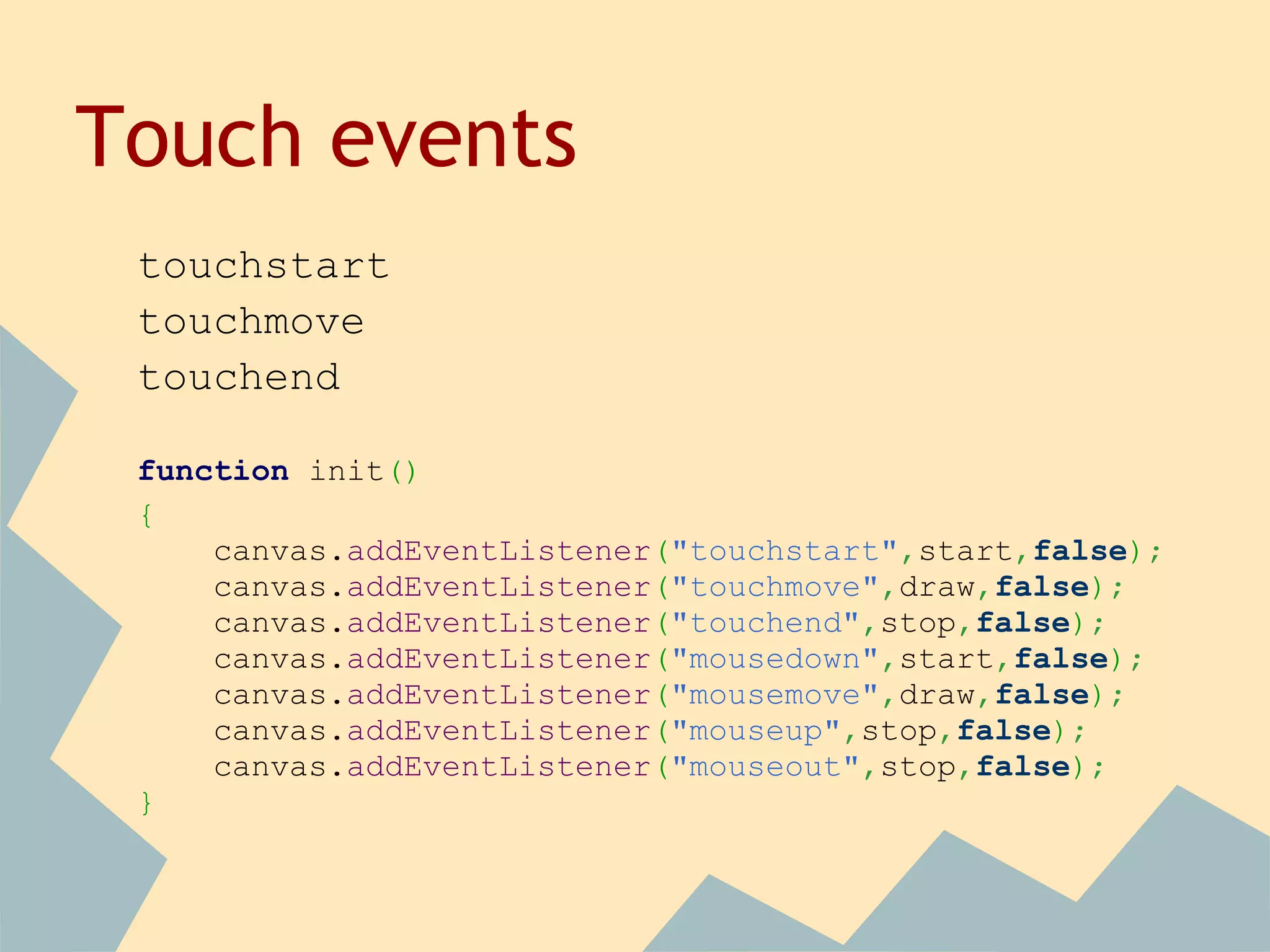 Touch events
touchstart
touchmove
touchend
function init()
{
canvas.addEventListener("touchstart",start,false);
canvas.addEventListener("touchmove",draw,false);
canvas.addEventListener("touchend",stop,false);
canvas.addEventListener("mousedown",start,false);
canvas.addEventListener("mousemove",draw,false);
canvas.addEventListener("mouseup",stop,false);
canvas.addEventListener("mouseout",stop,false);
}
 