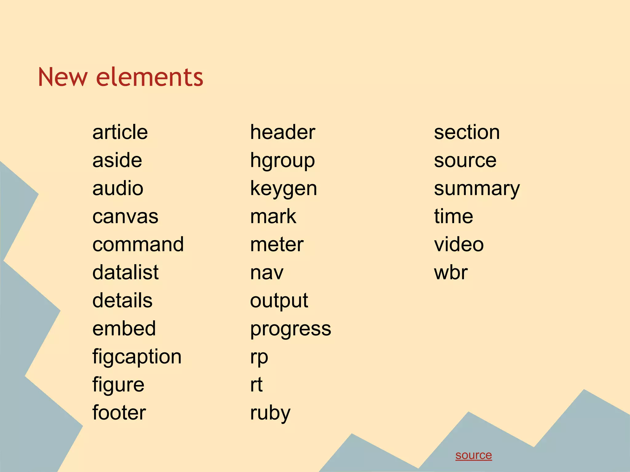 New elements
article
aside
audio
canvas
command
datalist
details
embed
figcaption
figure
footer
header
hgroup
keygen
mark
meter
nav
output
progress
rp
rt
ruby
section
source
summary
time
video
wbr
source
 