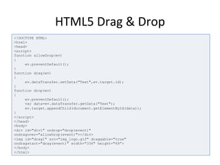HTML5	
  Drag	
  &	
  Drop	
  
<!DOCTYPE HTML>
<html>
<head>
<script>
function allowDrop(ev)
{
ev.preventDefault();
}
function drag(ev)
{
ev.dataTransfer.setData("Text",ev.target.id);
}
function drop(ev)
{
ev.preventDefault();
var data=ev.dataTransfer.getData("Text");
ev.target.appendChild(document.getElementById(data));
}
</script>
</head>
<body>
<div id="div1" ondrop="drop(event)"
ondragover="allowDrop(event)"></div>
<img id="drag1" src="img_logo.gif" draggable="true"
ondragstart="drag(event)" width="336" height="69”>
</body>
</html>
 