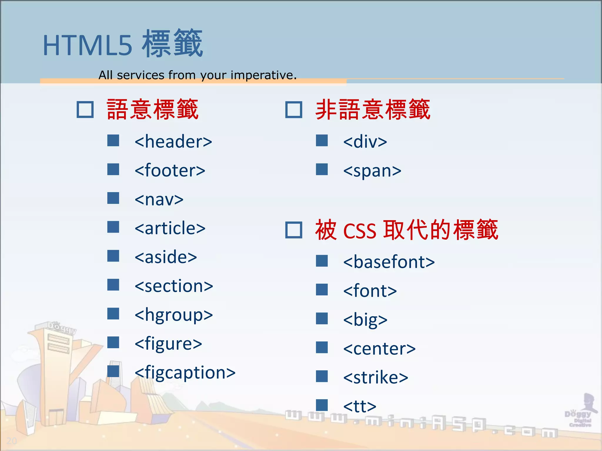 All services from your imperative.
20
HTML5 標籤
 非語意標籤
 <div>
 <span>
 被 CSS 取代的標籤
 <basefont>
 <font>
 <big>
 <center>
 <strike>
 <tt>
 語意標籤
 <header>
 <footer>
 <nav>
 <article>
 <aside>
 <section>
 <hgroup>
 <figure>
 <figcaption>
 