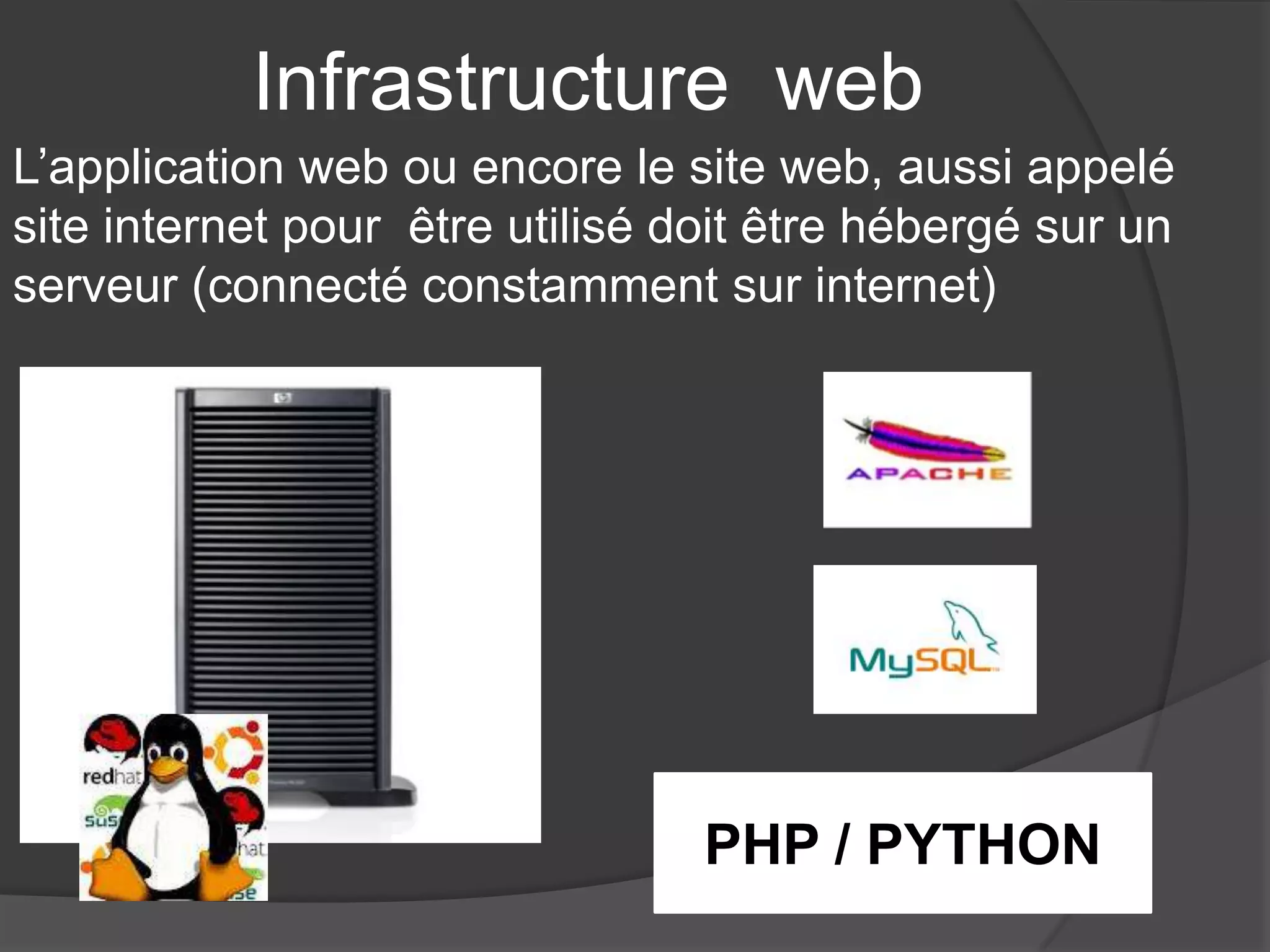 Infrastructure web
L’application web ou encore le site web, aussi appelé
site internet pour être utilisé doit être hébergé sur un
serveur (connecté constamment sur internet)
PHP / PYTHON
 