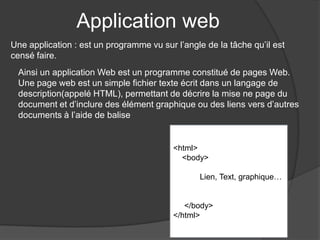 Application web
<html>
<body>
Lien, Text, graphique…
</body>
</html>
Une application : est un programme vu sur l’angle de la tâche qu’il est
censé faire.
Ainsi un application Web est un programme constitué de pages Web.
Une page web est un simple fichier texte écrit dans un langage de
description(appelé HTML), permettant de décrire la mise ne page du
document et d’inclure des élément graphique ou des liens vers d’autres
documents à l’aide de balise
 