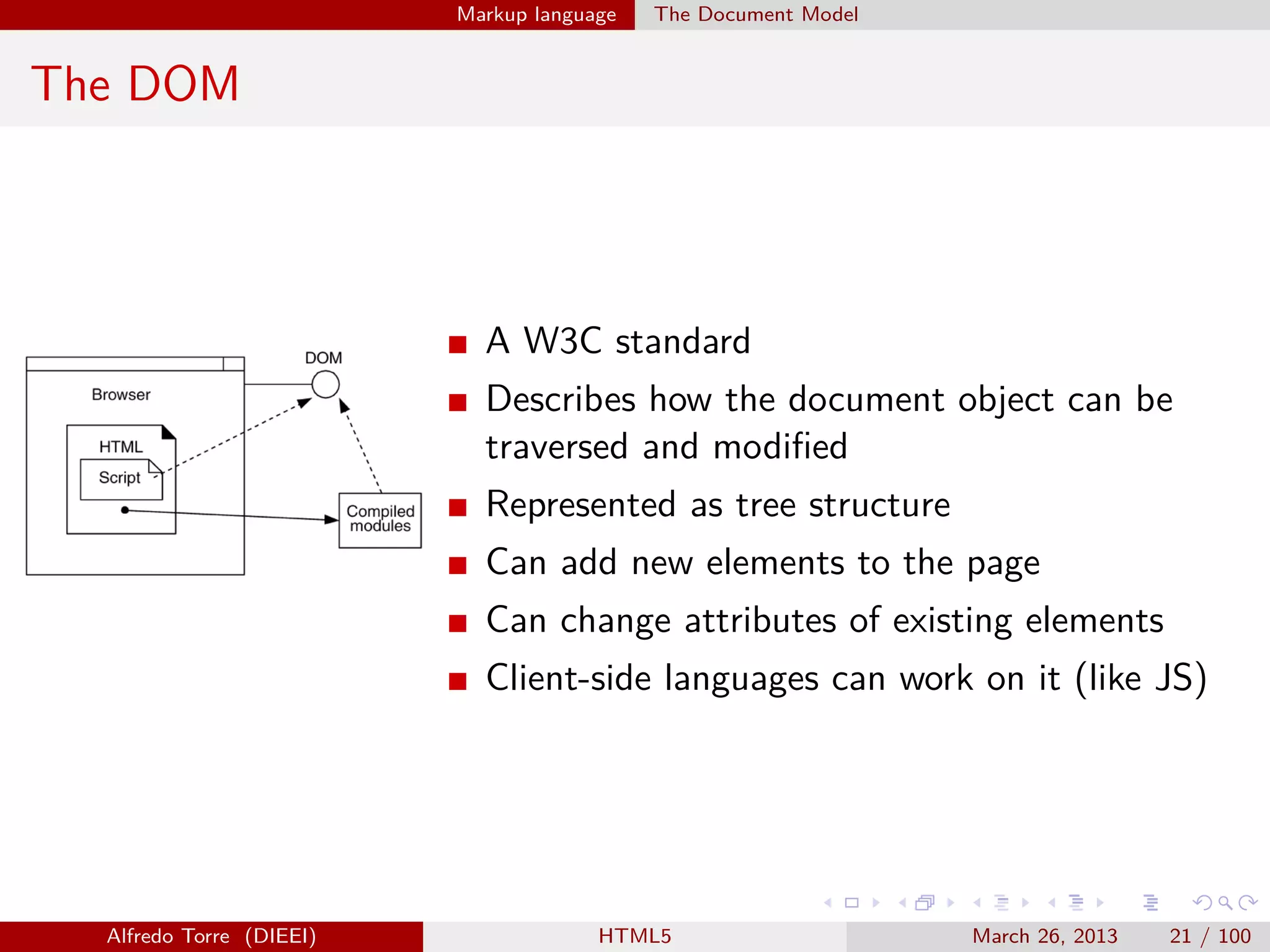 Markup language

The Document Model

The DOM

A W3C standard
Describes how the document object can be
traversed and modiﬁed
Represented as tree structure
Can add new elements to the page
Can change attributes of existing elements
Client-side languages can work on it (like JS)

Alfredo Torre (DIEEI)

HTML5

March 26, 2013

21 / 100

 