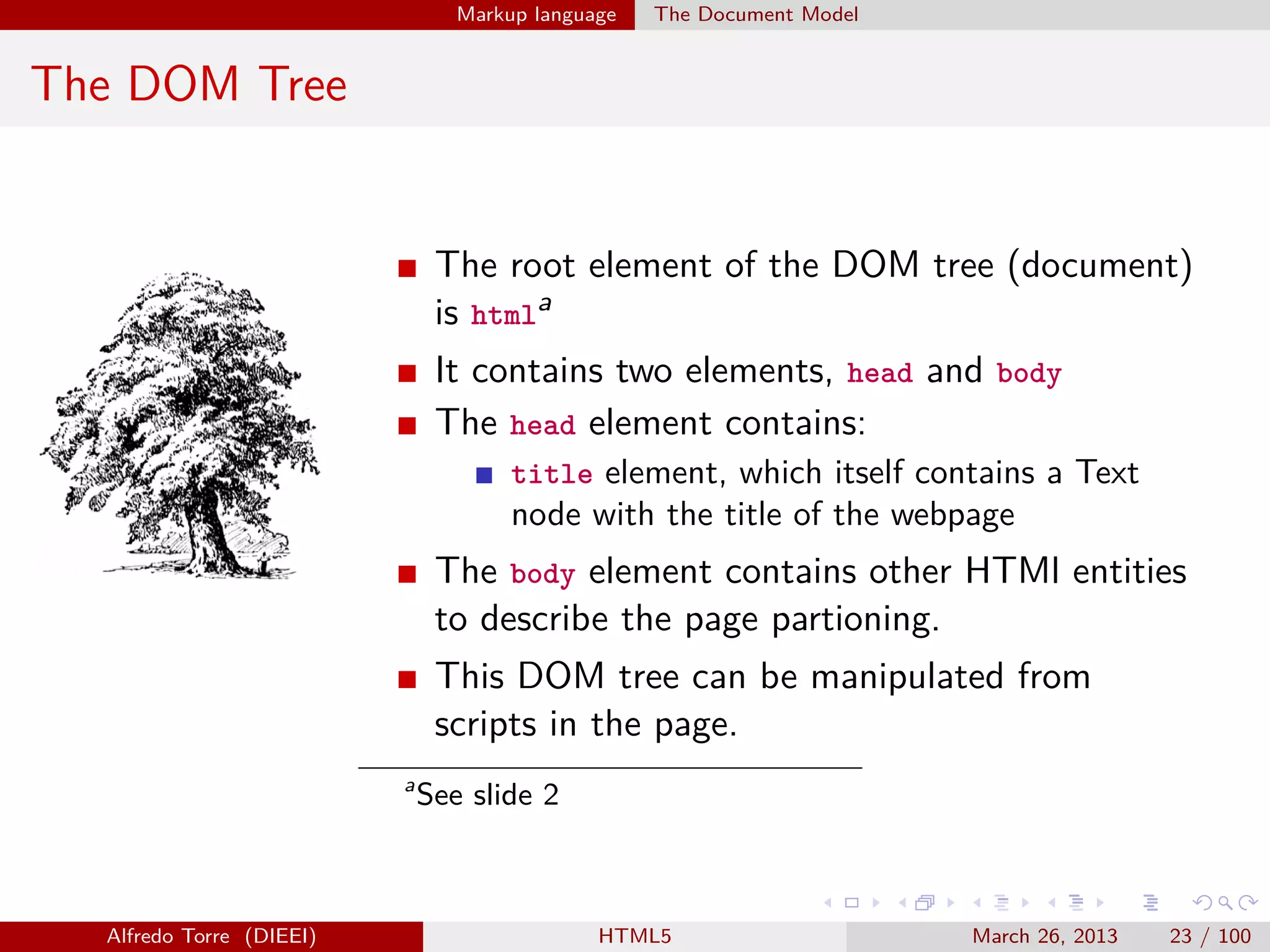 Markup language

The Document Model

The DOM Tree

The root element of the DOM tree (document)
is htmla
It contains two elements, head and body
The head element contains:
title element, which itself contains a Text

node with the title of the webpage

The body element contains other HTMl entities
to describe the page partioning.
This DOM tree can be manipulated from
scripts in the page.
a

Alfredo Torre (DIEEI)

See slide 2

HTML5

March 26, 2013

23 / 100

 