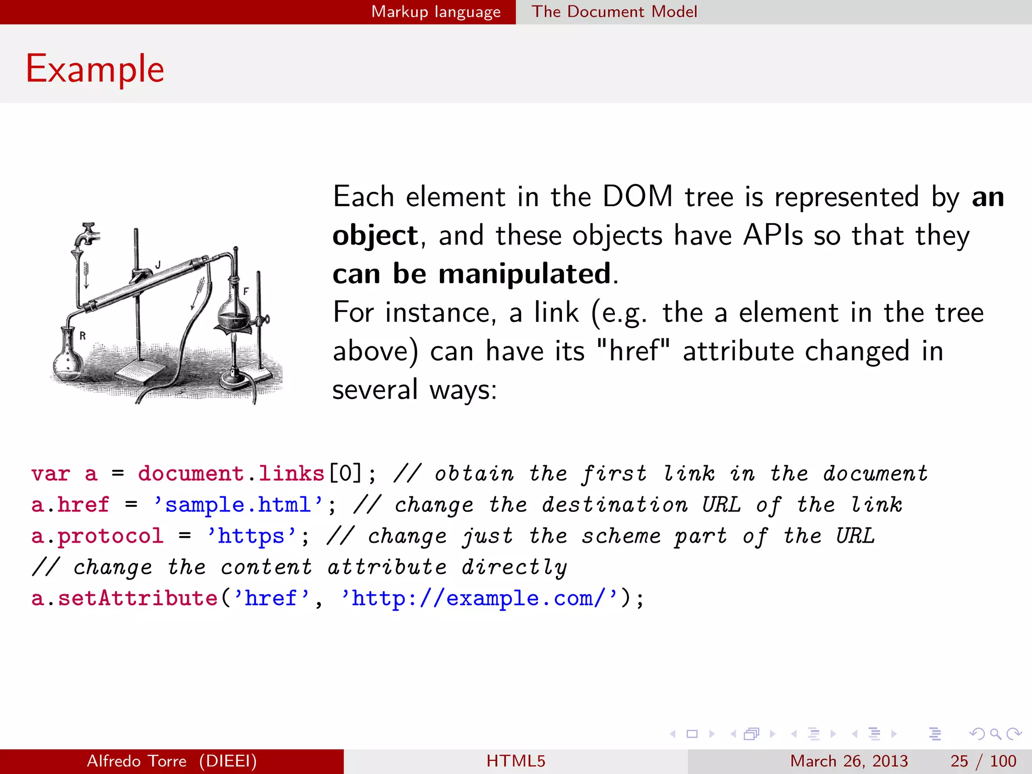 Markup language

The Document Model

Example
Each element in the DOM tree is represented by an
object, and these objects have APIs so that they
can be manipulated.
For instance, a link (e.g. the a element in the tree
above) can have its "href" attribute changed in
several ways:
var a = document.links[0]; // obtain the first link in the document
a.href = ’sample.html’; // change the destination URL of the link
a.protocol = ’https’; // change just the scheme part of the URL
// change the content attribute directly
a.setAttribute(’href’, ’http://example.com/’);

Alfredo Torre (DIEEI)

HTML5

March 26, 2013

25 / 100

 