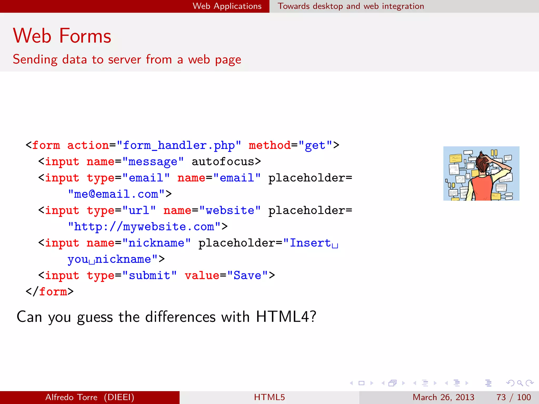Web Applications

Towards desktop and web integration

Web Forms
Sending data to server from a web page

<form action="form_handler.php" method="get">
<input name="message" autofocus>
<input type="email" name="email" placeholder=
"me@email.com">
<input type="url" name="website" placeholder=
"http://mywebsite.com">
<input name="nickname" placeholder="Insert␣
you␣nickname">
<input type="submit" value="Save">
</form>

Can you guess the diﬀerences with HTML4?

Alfredo Torre (DIEEI)

HTML5

March 26, 2013

73 / 100

 