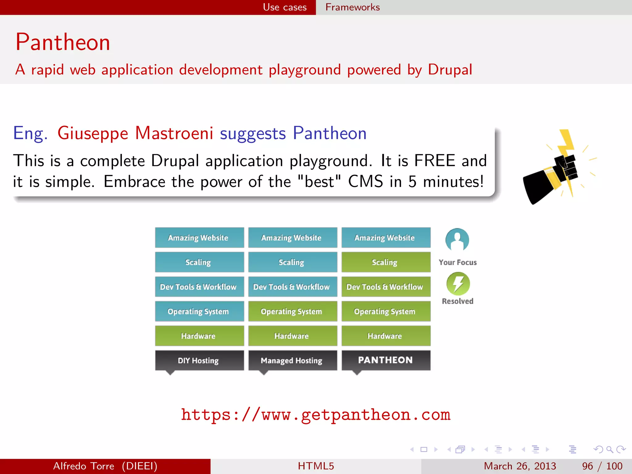 Use cases

Frameworks

Pantheon
A rapid web application development playground powered by Drupal

Eng. Giuseppe Mastroeni suggests Pantheon
This is a complete Drupal application playground. It is FREE and
it is simple. Embrace the power of the "best" CMS in 5 minutes!

https://www.getpantheon.com
Alfredo Torre (DIEEI)

HTML5

March 26, 2013

96 / 100

 