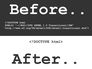 Before..
<!DOCTYPE html
PUBLIC "-//W3C//DTD XHTML 1.0 Transitional//EN"
"http://www.w3.org/TR/xhtml1/DTD/xhtml1-transitional.dtd">

<!DOCTYPE html>

After..

 