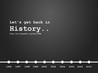 Let's get back in

History..
http://en.wikipedia.org/wiki/HTML

1995

1997

1998

1999

2000

2002

2004

2006

2009

2010

 