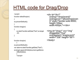HTML code for Drag/Drop
<script>
function allowDrop(ev)
{
ev.preventDefault();
}
function drag(ev)
{
ev.dataTransfer.setData("Text",ev.target
.id);
}
function drop(ev)
{
ev.preventDefault();
var data=ev.dataTransfer.getData("Text");
ev.target.appendChild(document.getEleme
ntById(data));
}
</script>
<div id="div1"
ondrop="drop(event)"
ondragover="allowDrop(even
t)" style="border:solid #000;
height:100px;
width:400px;"></div>
<img id="drag1" src=“img”
draggable="true"
ondragstart="drag(event)"
width="336" height="69">
</body>
24
 