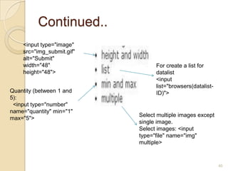 Continued..
40
<input type="image"
src="img_submit.gif"
alt="Submit"
width="48"
height="48">
For create a list for
datalist
<input
list="browsers(datalist-
ID)">Quantity (between 1 and
5):
<input type="number"
name="quantity" min="1"
max="5">
Select multiple images except
single image.
Select images: <input
type="file" name="img"
multiple>
 