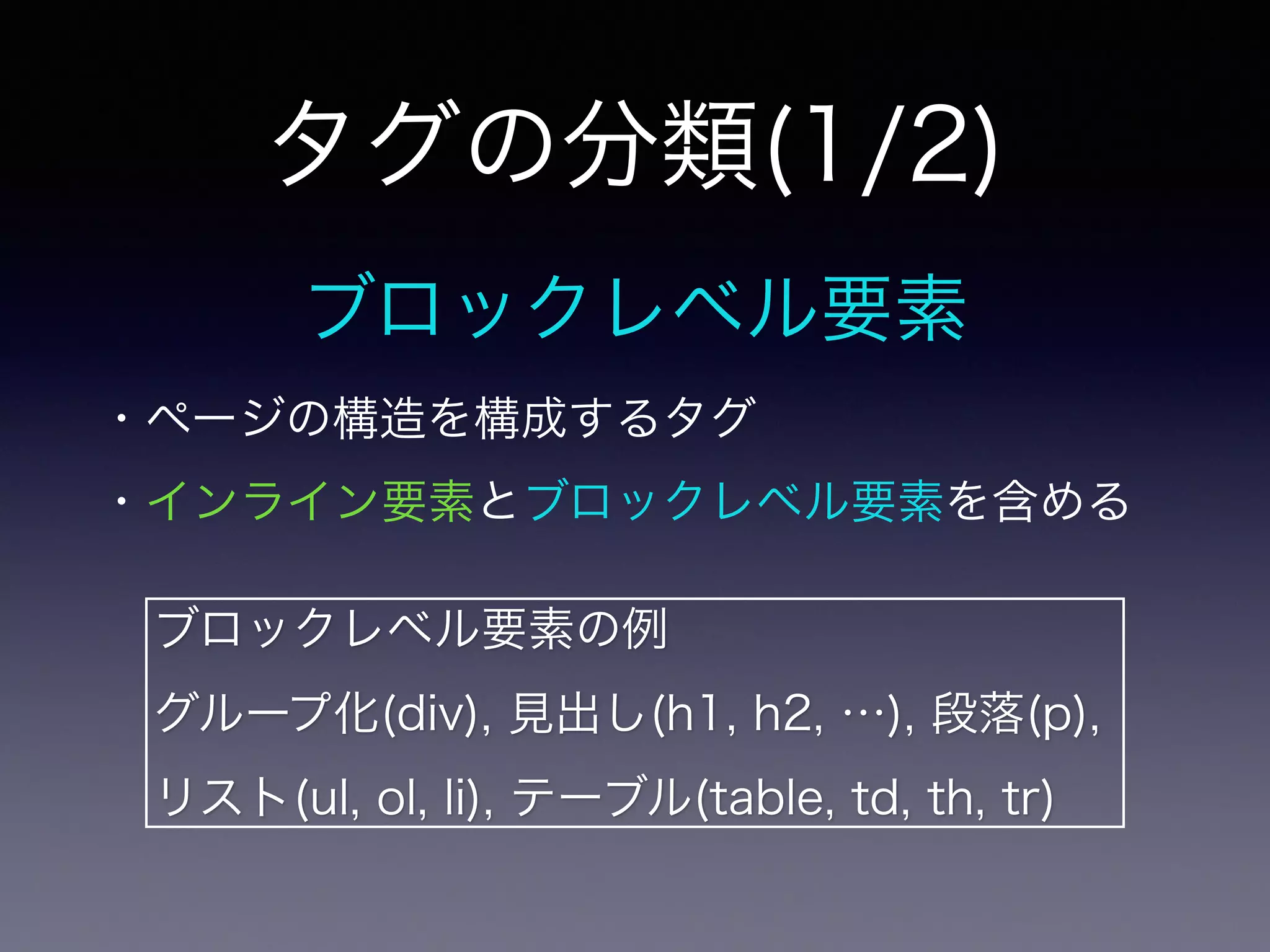 タグの分類(1/2)
ブロックレベル要素
・ページの構造を構成するタグ
・インライン要素とブロックレベル要素を含める
ブロックレベル要素の例
グループ化(div), 見出し(h1, h2, …), 段落(p),
リスト(ul, ol, li), テーブル(table, td, th, tr)
 