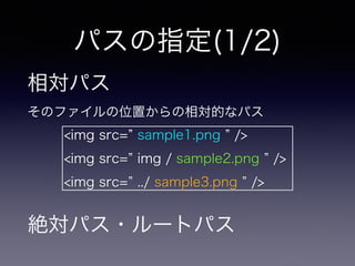 パスの指定(1/2)
相対パス
そのファイルの位置からの相対的なパス
!
!
!
絶対パス・ルートパス
<img src= sample1.png />
<img src= img / sample2.png />
<img src= ../ sample3.png />
 