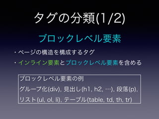 タグの分類(1/2)
ブロックレベル要素
・ページの構造を構成するタグ
・インライン要素とブロックレベル要素を含める
ブロックレベル要素の例
グループ化(div), 見出し(h1, h2, …), 段落(p),
リスト(ul, ol, li), テーブル(table, td, th, tr)
 