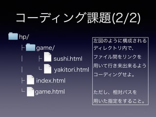 コーディング課題(2/2)
左図のように構成される
ディレクトリ内で、
ファイル間をリンクを
用いて行き来出来るよう
コーディングせよ。
!
ただし、相対パスを
用いた指定をすること。
hp/
├ game/
│ ├  sushi.html
│ └ yakitori.html
├ index.html
└ game.html
 
