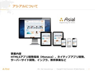 アシアルについて 
事業内容 
HTML5アプリ開発環境（Monaca）、ネイティブアプリ開発、 
サーバーサイド開発、インフラ、教育事業など 
URL : http://www.asial.co.jp/　│　Copyright © Asial Corporation. All Rights Reserved. 　│　2 
 