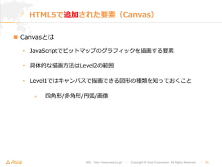 HTML5で追加された要素（Canvas） 
URL : http://www.asial.co.jp/　│　Copyright © Asial Corporation. All Rights Reserved. 　│　20 
n Canvasとは 
• JavaScriptでビットマップのグラフィックを描画する要素 
• 具体的な描画⽅方法はLevel2の範囲 
• Level1ではキャンバスで描画できる図形の種類を知っておくこと 
Ø 四⾓角形/多⾓角形/円弧/画像 
 
